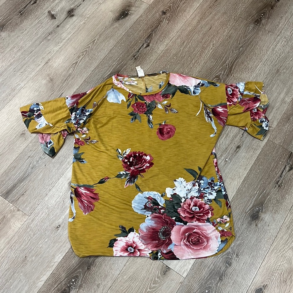 Fun fall tunic style top.  Mustard yellow, green, blue, pink, white